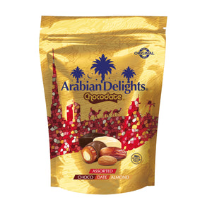 Arabian Delights Assorted Chocodate, Classic Chocolate Coated Bite-Sized Snacks, Stuffed w/ Golden Roasted Almonds ,Dates| Snacks & Sweets 230g Pouch