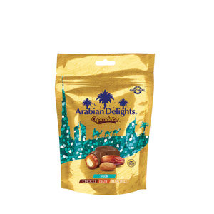 Arabian Delights Milk Chocodate, Classic Chocolate Coated Bite-Sized Snacks, Stuffed w/ Golden Roasted Almonds ,Dates| Snacks & Sweets 90g Pouch