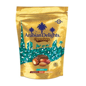 Arabian Delights Milk Chocodate, Classic Chocolate Coated Bite-Sized Snacks, Stuffed w/ Golden Roasted Almonds ,Dates| Snacks & Sweets 230g Pouch