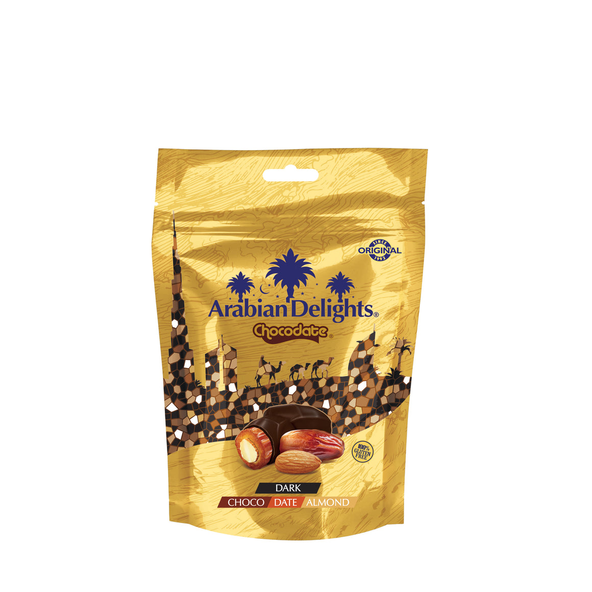 Arabian Delights Dark Chocodate, Classic Chocolate Coated Bite-Sized Snacks, Stuffed w/ Golden Roasted Almonds ,Dates| Snacks & Sweets 90g Pouch