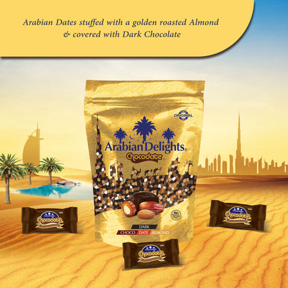 Arabian Delights Dark Chocodate, Classic Chocolate Coated Bite-Sized Snacks, Stuffed w/ Golden Roasted Almonds ,Dates| Snacks & Sweets 230g Pouch