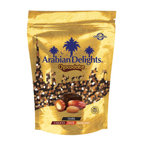 Arabian Delights Dark Chocodate, Classic Chocolate Coated Bite-Sized Snacks, Stuffed w/ Golden Roasted Almonds ,Dates| Snacks & Sweets 230g Pouch
