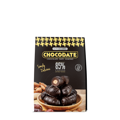 Chocodate Extra Dark | Exquisite Bite Sized Delicacy | Handmade Treat - Rich Silky Chocolate - Velvety Arabian Date - Golden Roasted Almond - Perfect Snacking - 33gm