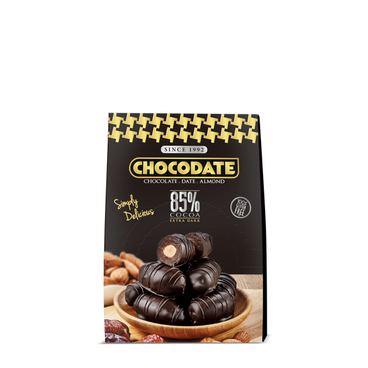 Chocodate Extra Dark | Exquisite Bite Sized Delicacy | Handmade Treat - Rich Silky Chocolate - Velvety Arabian Date - Golden Roasted Almond - Perfect Snacking - 33gm