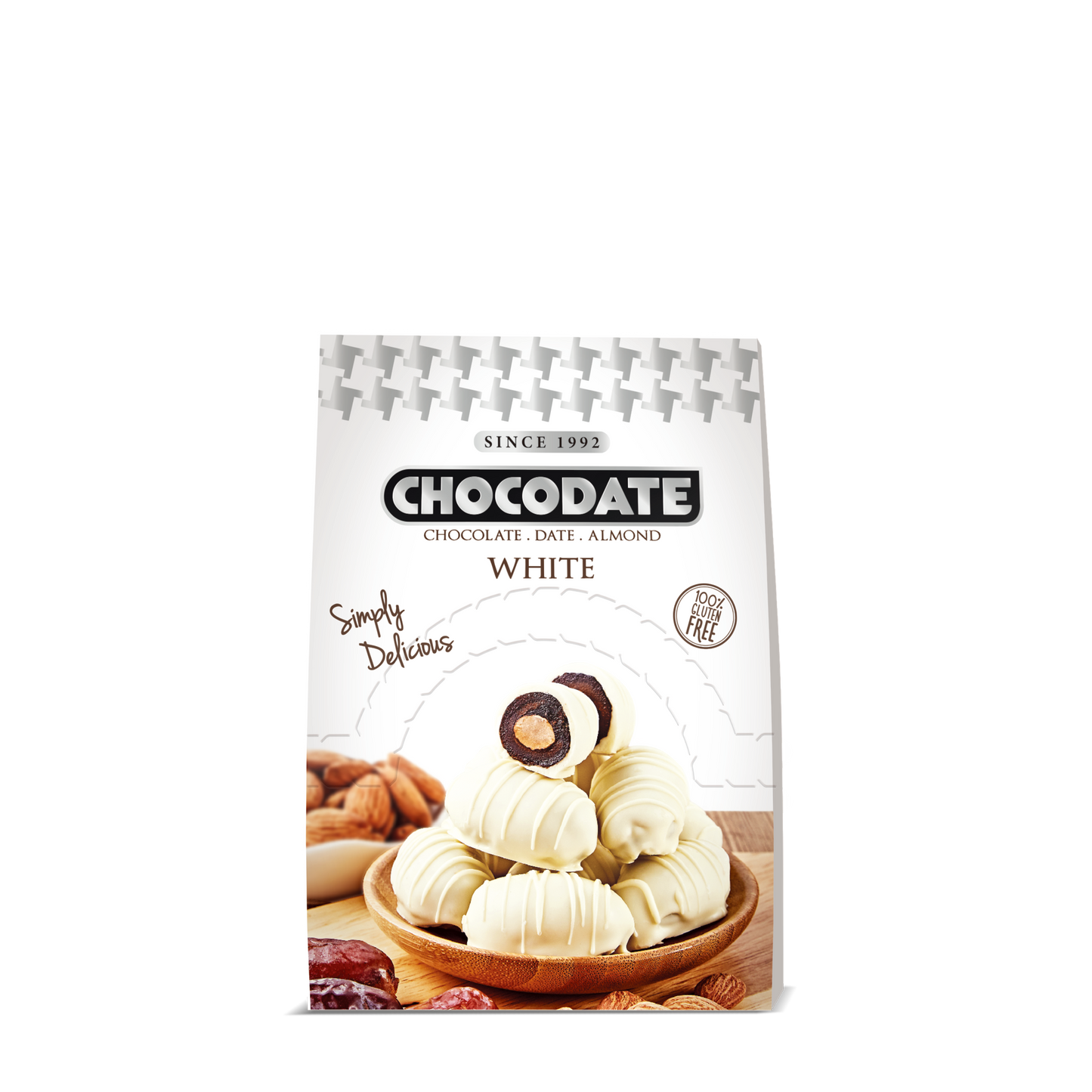 Chocodate White | Exquisite Bite Sized Delicacy | Handmade Treat - Rich Silky Chocolate - Velvety Arabian Date - Golden Roasted Almond - Perfect Snacking - 33gm