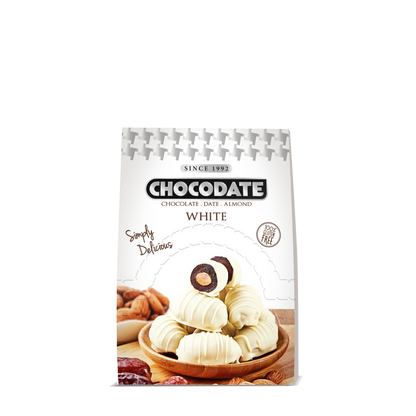 Chocodate White | Exquisite Bite Sized Delicacy | Handmade Treat - Rich Silky Chocolate - Velvety Arabian Date - Golden Roasted Almond - Perfect Snacking - 33gm