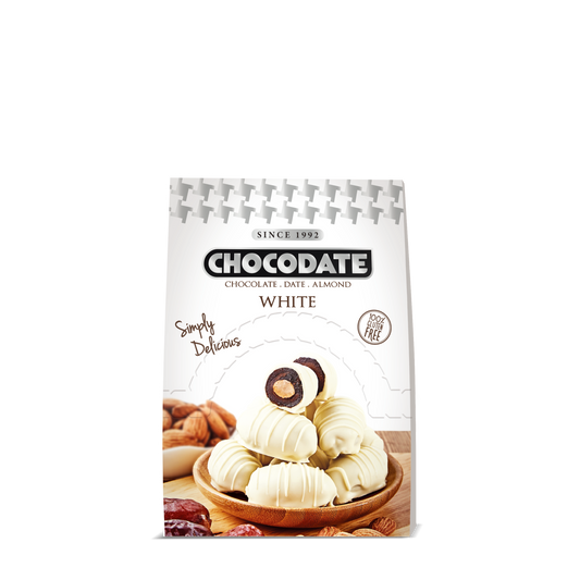 Chocodate White | Exquisite Bite Sized Delicacy | Handmade Treat - Rich Silky Chocolate - Velvety Arabian Date - Golden Roasted Almond - Perfect Snacking - 33gm