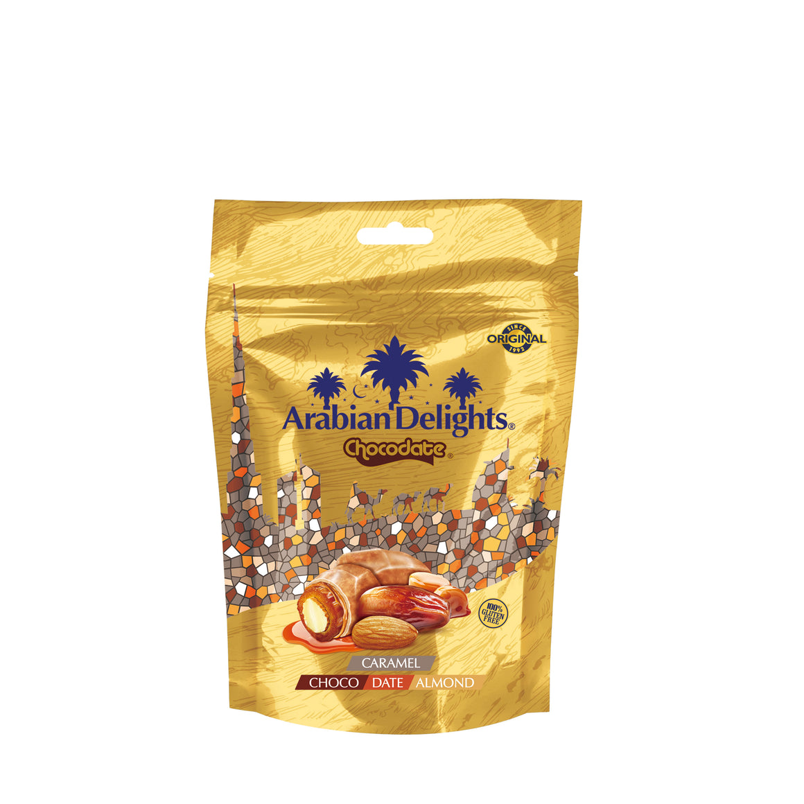 Arabian Delights Chocodate with Caramel, Chocolate Coated Bite-Sized Snacks, Stuffed w/ Golden Roasted Almonds, Dates | Snacks & Sweets - 90 gm