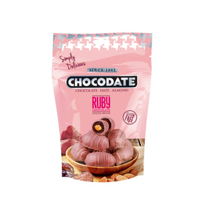 Chocodate Exclusive Ruby | Exquisite Bite Sized Delicacy | Handmade Treat - Rich Silky Chocolate - Velvety Arabian Date - Golden Roasted Almond - Perfect Snacking - 90Gm