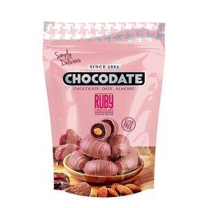 Chocodate Exclusive Ruby | Exquisite Bite Sized Delicacy | Handmade Treat - Rich Silky Chocolate - Velvety Arabian Date - Golden Roasted Almond - Perfect Snacking - 230Gm