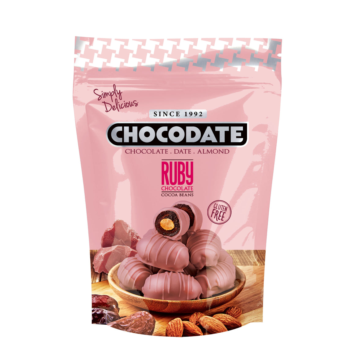 Chocodate Exclusive Ruby | Exquisite Bite Sized Delicacy | Handmade Treat - Rich Silky Chocolate - Velvety Arabian Date - Golden Roasted Almond - Perfect Snacking - 230Gm