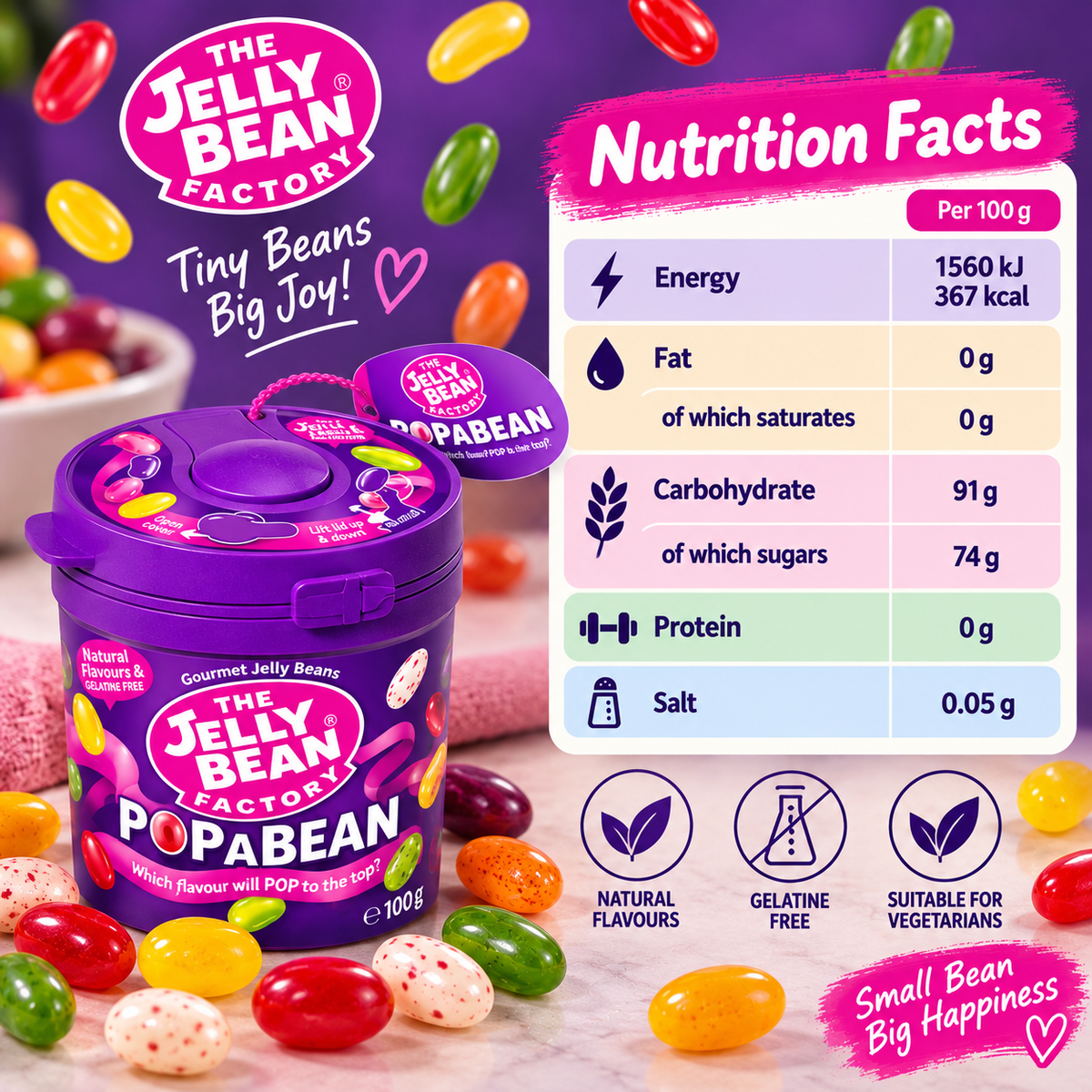 The Jelly Bean Factory 36 Mix Gourmet Flavors Jellybeans, Pop A Bean - 100g