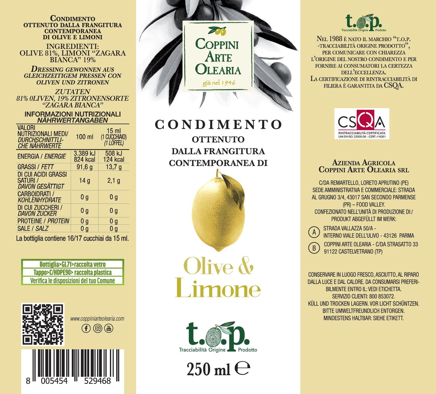 Coppini Arte Olearia Olive & Lemon Dressing Olive Oil 250ml