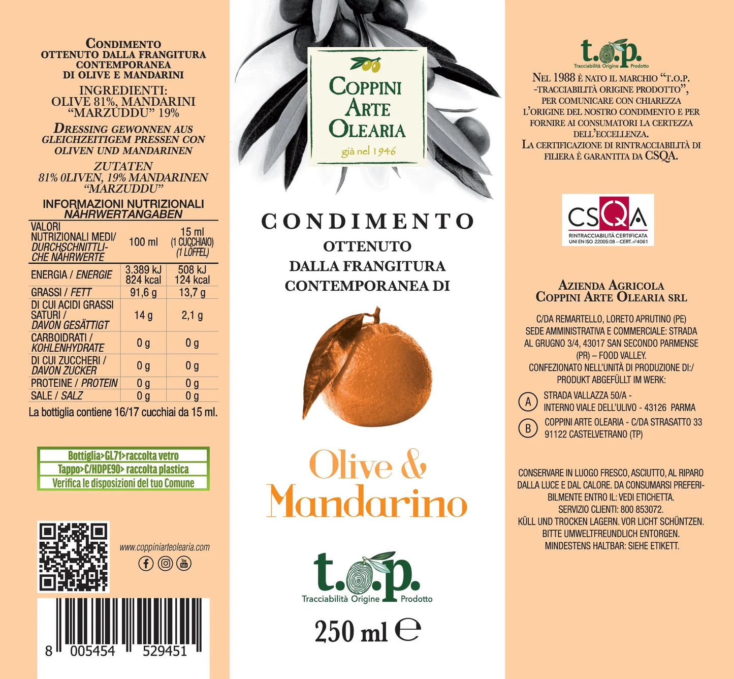 Coppini Arte Olearia Olive & Mandarins Dressing Olive Oil 250ml