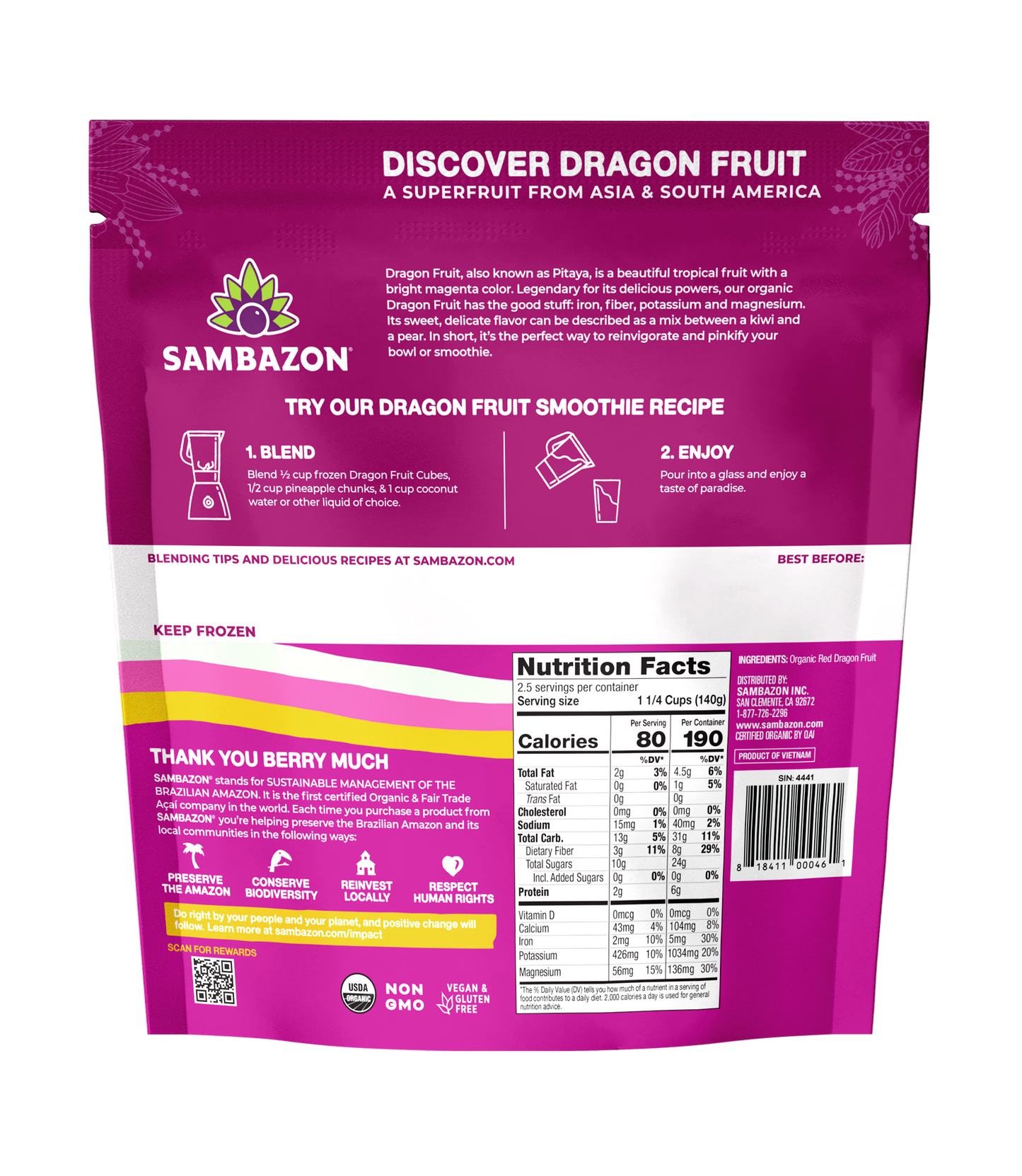 Sambazon Frozen Dragon Fruit Cubes Organic (For Smoothies) 340gm