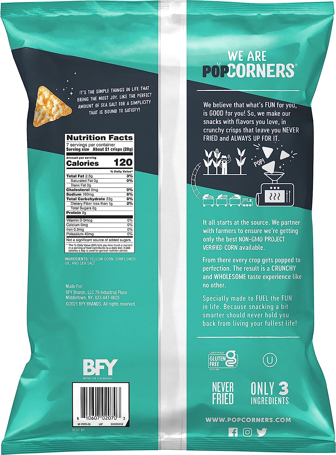 Popcorners Sea Salt Corn Snack, Never Fried, Non GMO 7 OZ (198g) - Export