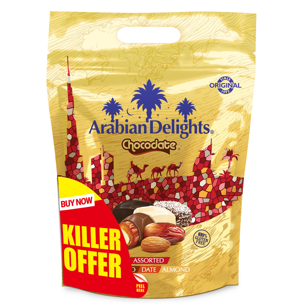 Arabian Delights Assorted Chocodate, Classic Chocolate Coated Bite-Sized Snacks, Killer offer 460gm - Promo
