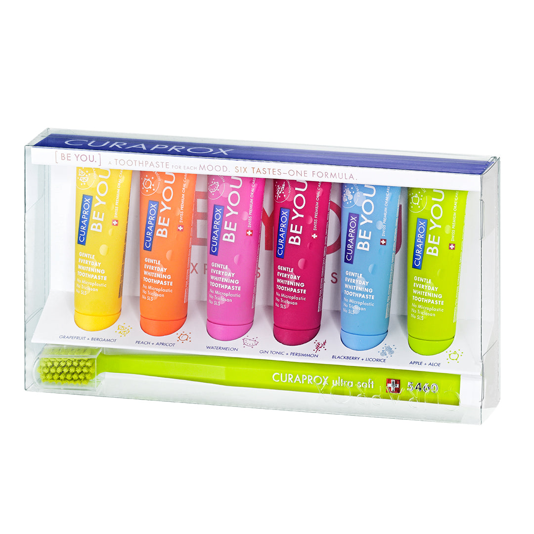 Curaprox Be you Six-Taste-Pack, mixed colors: 6x 10ml toothpastes with 1 toothbrush