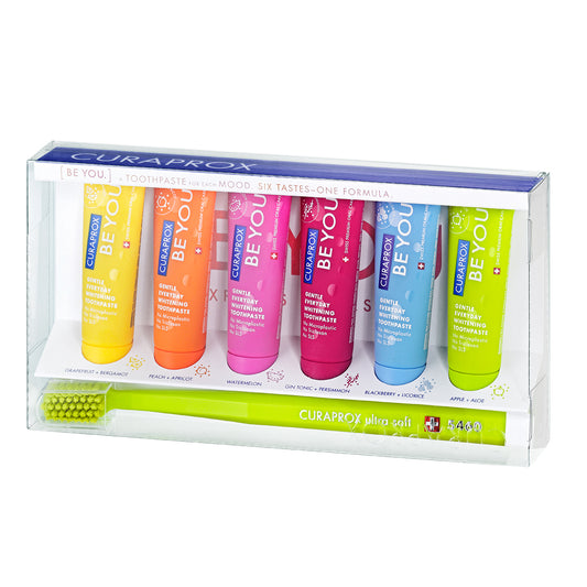 Curaprox Be you Six-Taste-Pack, mixed colors: 6x 10ml toothpastes with 1 toothbrush