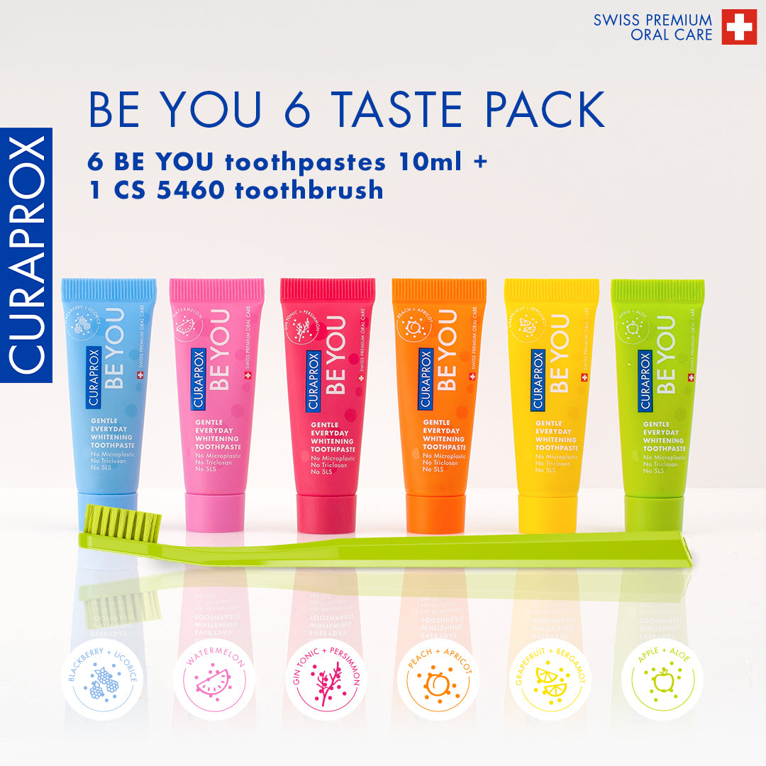 Curaprox Be you Six-Taste-Pack, mixed colors: 6x 10ml toothpastes with 1 toothbrush