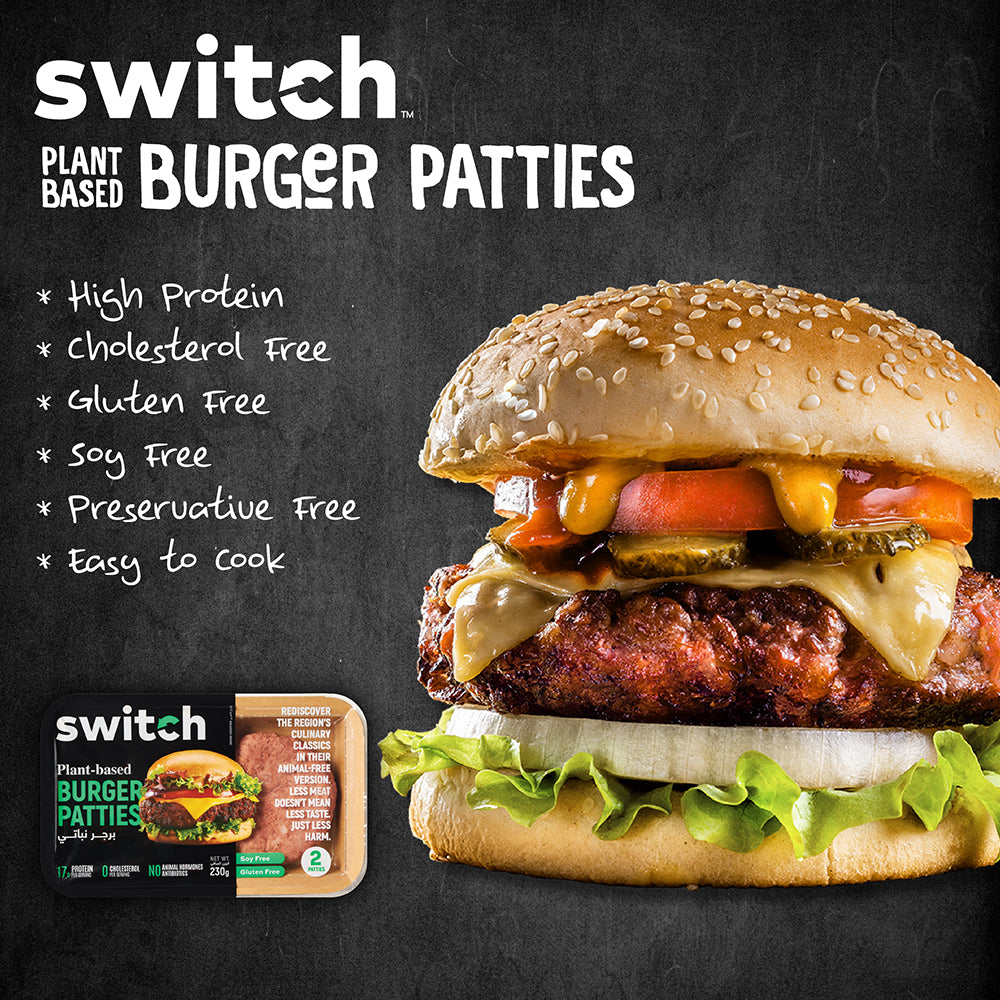Switch Vegan Burger Patties 230g, 100% Plant-Based, GMO-Free, Cholesterol-Free, Soy-Free, Gluten-Free Halal (2 Patties)(Frozen)
