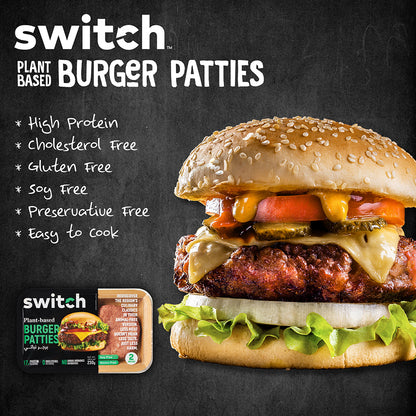 Switch Vegan Burger Patties 230g, 100% Plant-Based, GMO-Free, Cholesterol-Free, Soy-Free, Gluten-Free Halal (2 Patties)(Frozen)