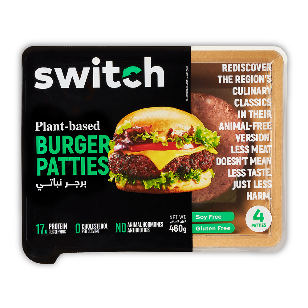 Switch Vegan Burger Patties 460g, 100% Plant-Based, GMO-Free, Cholesterol-Free, Soy-Free, Gluten-Free Halal (4 Patties)