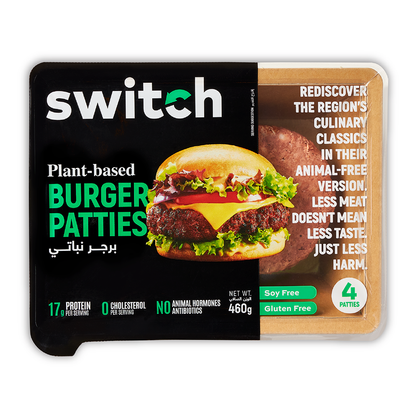 Switch Vegan Burger Patties 460g, 100% Plant-Based, GMO-Free, Cholesterol-Free, Soy-Free, Gluten-Free Halal (4 Patties)