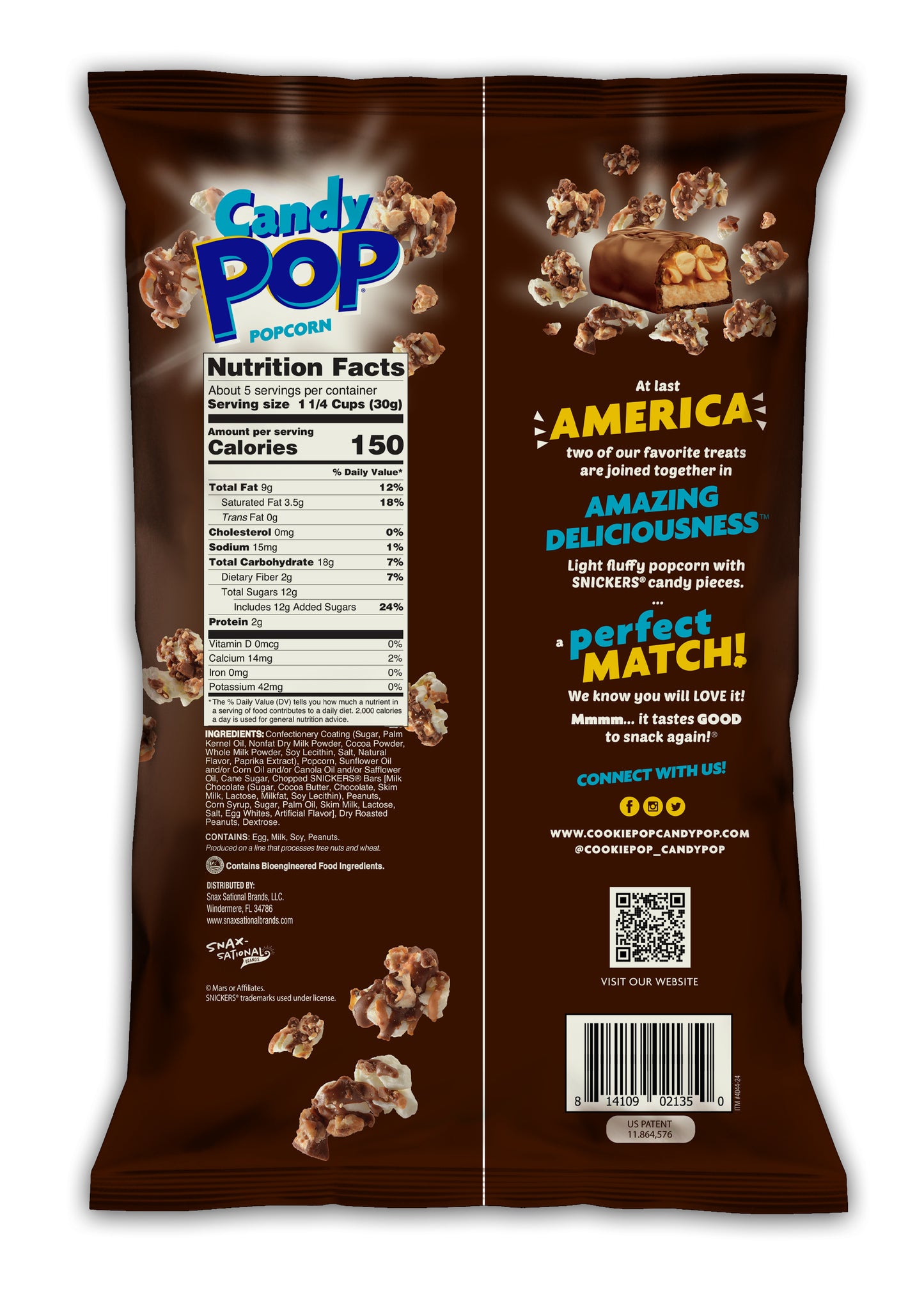 Candy Pop Popcorn Snickers, Made with Snicker Candy, Low Sodium, 150 Cal, Non GMO ,5.25OZ (149g)