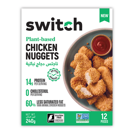 Switch Vegan Chicken Nuggets 240g, 100% Plant-Based, GMO-Free, Cholesterol-Free, Soy-Free, Gluten-Free Halal (Frozen)12 pcs