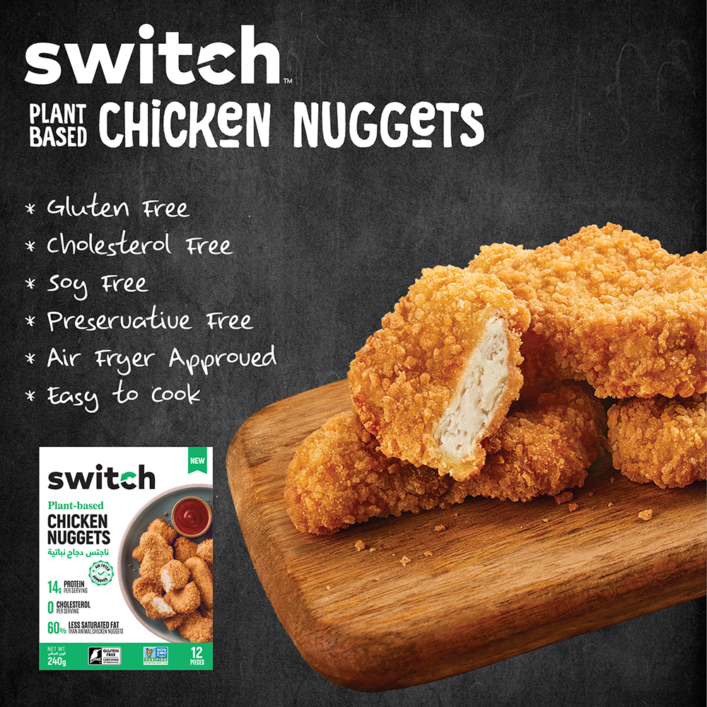 Switch Vegan Chicken Nuggets 240g, 100% Plant-Based, GMO-Free, Cholesterol-Free, Soy-Free, Gluten-Free Halal (Frozen)12 pcs