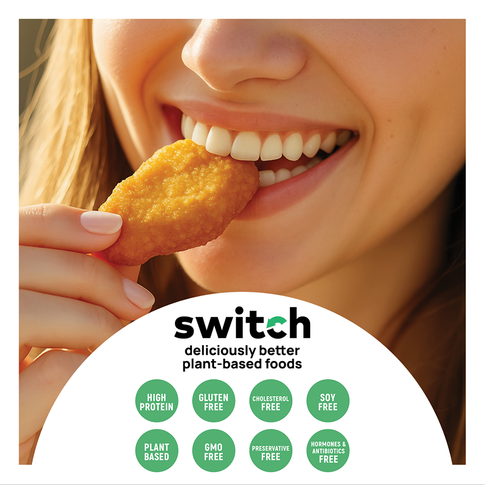 Switch Vegan Chicken Nuggets 240g, 100% Plant-Based, GMO-Free, Cholesterol-Free, Soy-Free, Gluten-Free Halal (Frozen)12 pcs