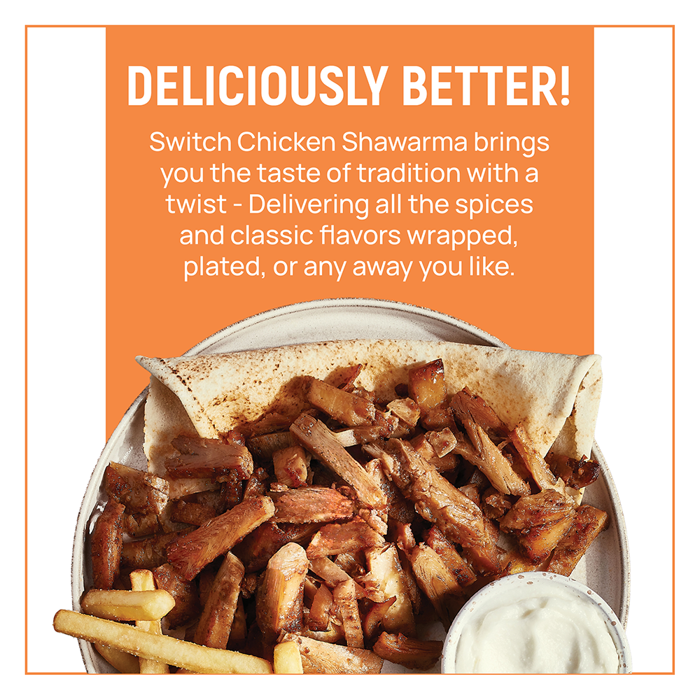 Switch Vegan Chicken Shawarma 250g, 100% Plant-Based, GMO-Free, Cholesterol-Free, Soy-Free, Gluten-Free Halal (Frozen)