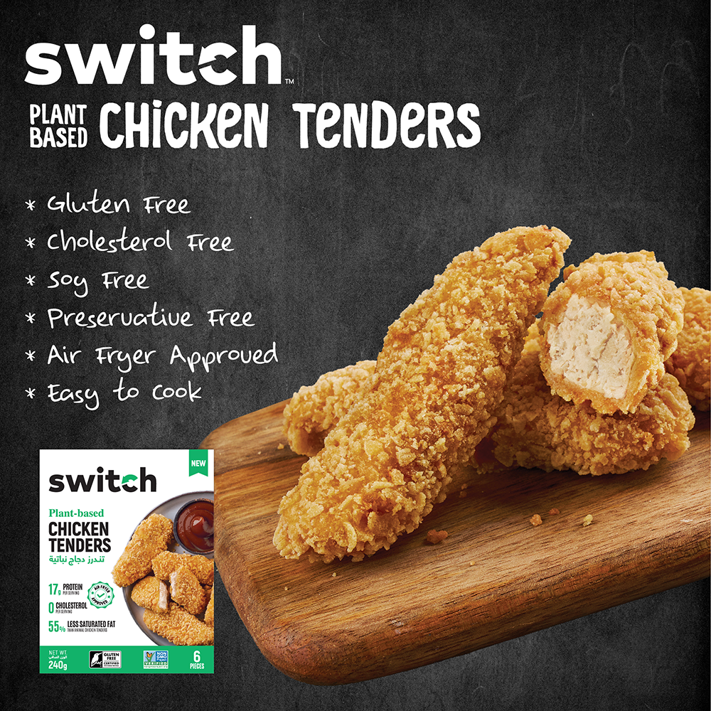 Switch Vegan Chicken Tenders 240g, 100% Plant-Based, GMO-Free, Cholesterol-Free, Soy-Free, Gluten-Free Halal (Frozen) 6pcs