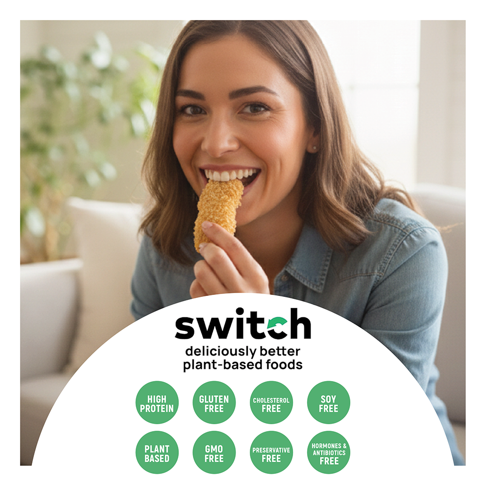 Switch Vegan Chicken Tenders 240g, 100% Plant-Based, GMO-Free, Cholesterol-Free, Soy-Free, Gluten-Free Halal (Frozen) 6pcs