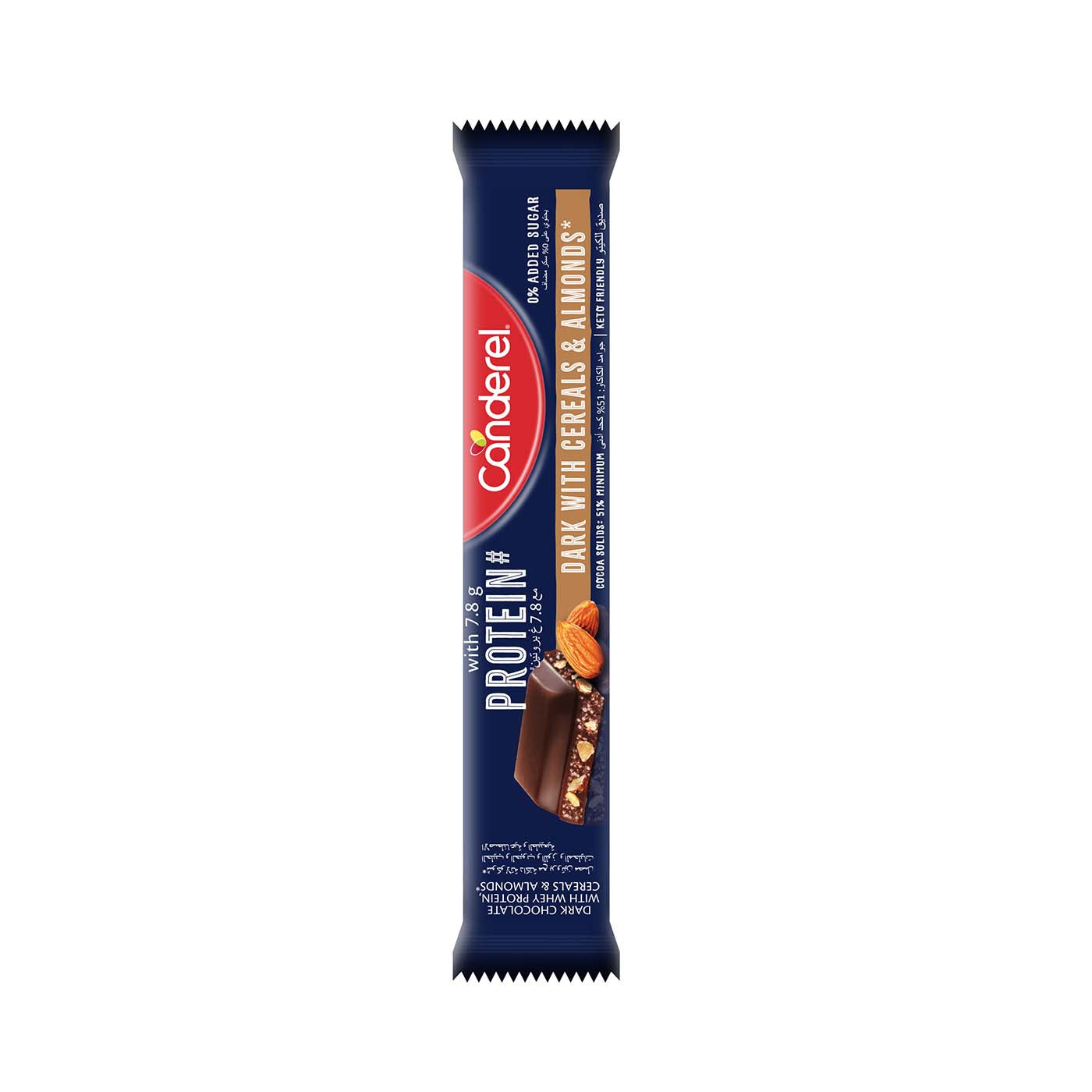 Canderel Dark Chocolate with Whey Protein, Cereals & Almonds, 0% Added Sugar, 27g