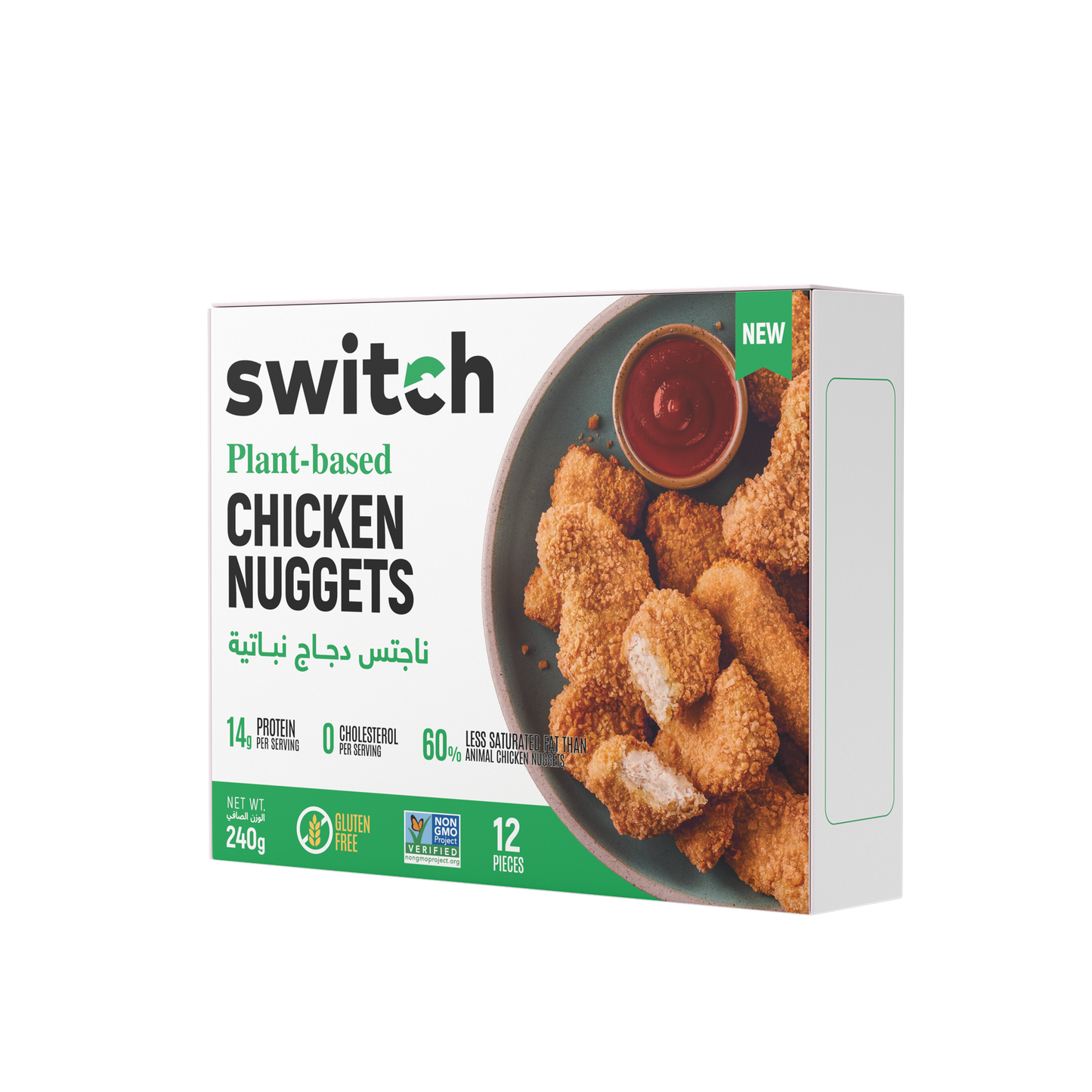 Switch 100% Plant-based Chicken Nuggets, 240g, GMO-free, Cholesterol-free, Soy-free, Gluten-free, Dairy-free, Halal (Frozen)12 pcs