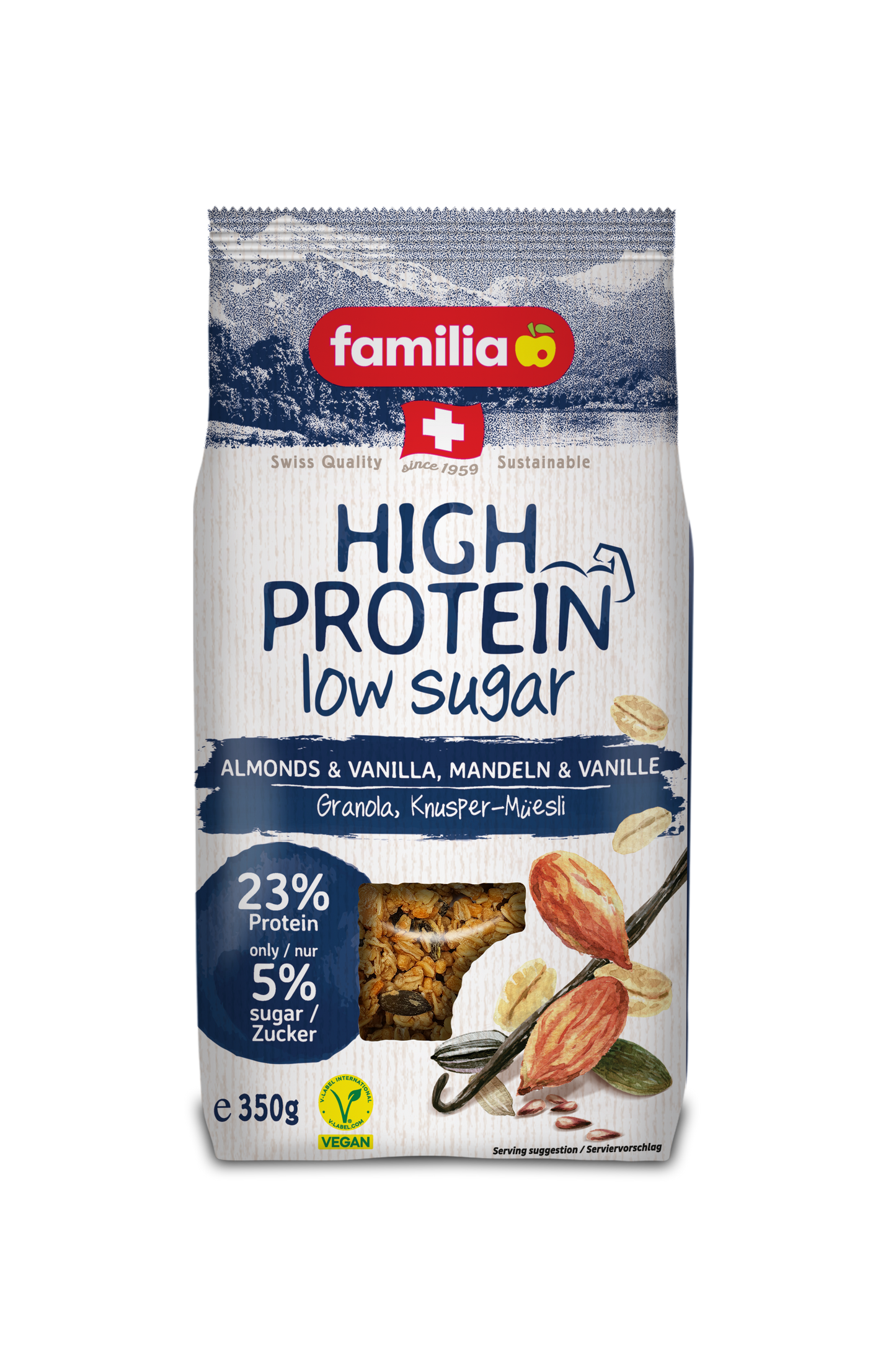 Familia High Protein, Almonds & Vanilla, Low Sugar, 23% Protein, Vegan 350gm