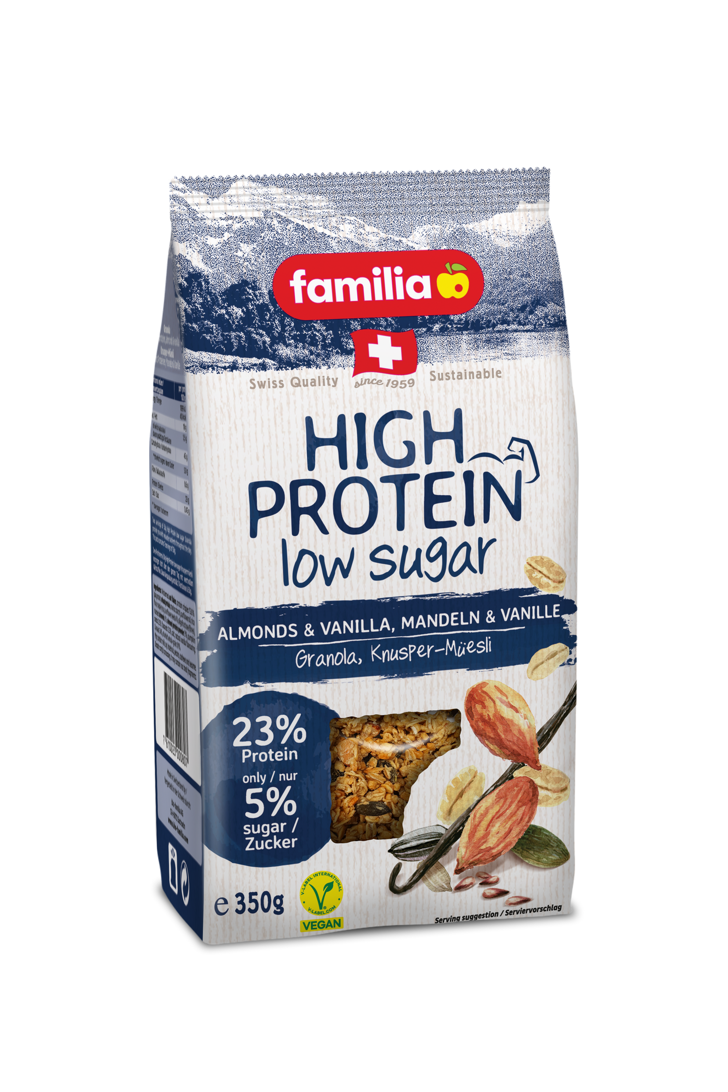 Familia High Protein, Almonds & Vanilla, Low Sugar, 23% Protein, Vegan 350gm