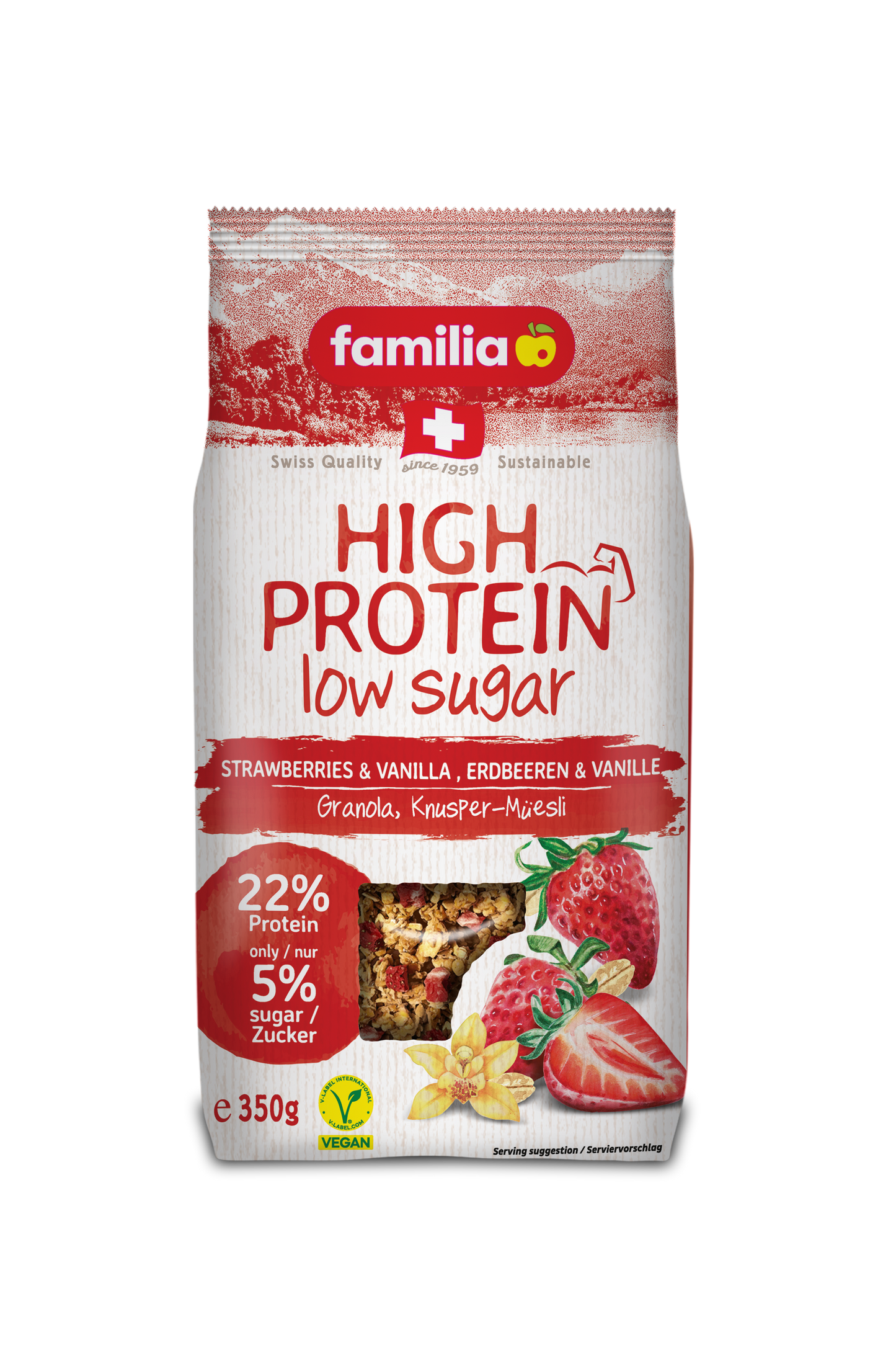 Familia High Protein, Strawberries & Vanilla, Low Sugar, 22% Protein, Vegan 350gm