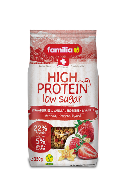 Familia High Protein, Strawberries & Vanilla, Low Sugar, 22% Protein, Vegan 350gm