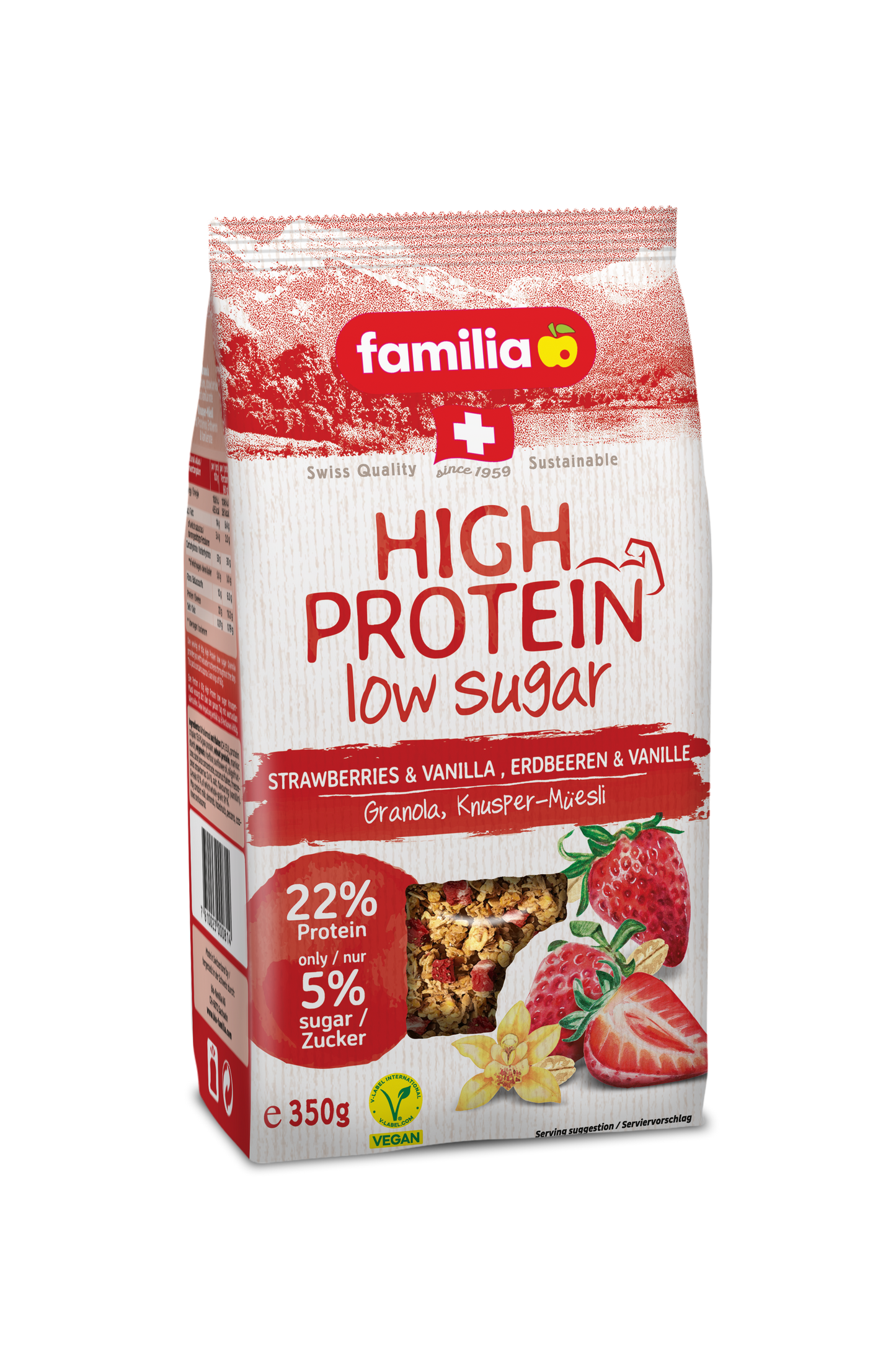 Familia High Protein, Strawberries & Vanilla, Low Sugar, 22% Protein, Vegan 350gm