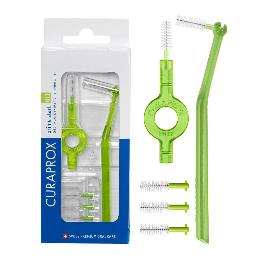 Curaprox CPS 011 prime start: 5 CPS 011 + UHS 409 and UHS 470 lime green holders + caps, international