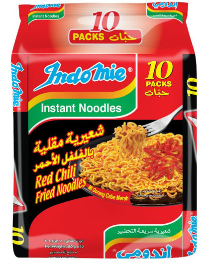 Indomie Red Chili Fried Noodles with Seasoning Powder and Sauce  - 10 Packs Each 80g