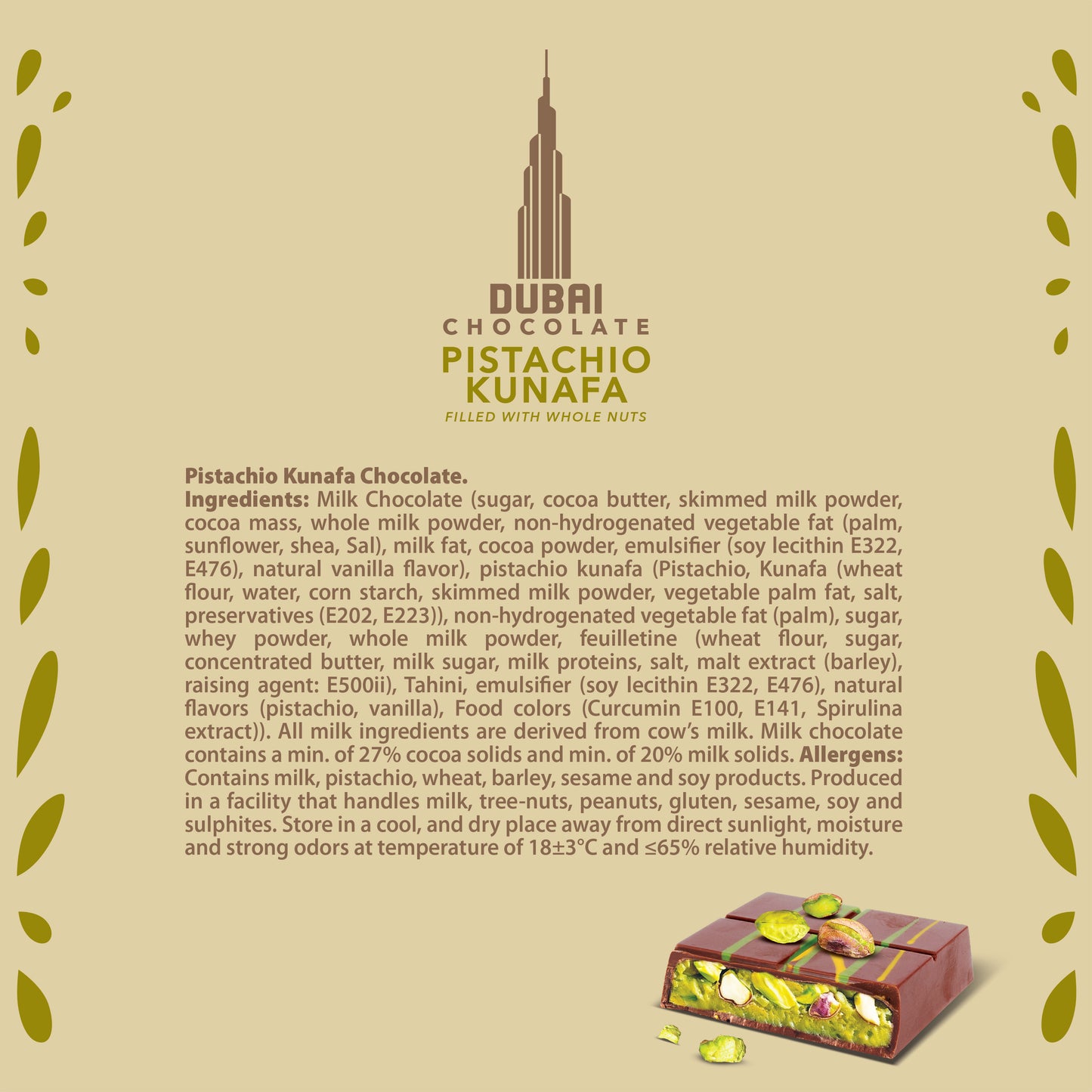 Chocodate Dubai Chocolate Pistachio Kunafa Filled with Whole Nuts 130gm Bar