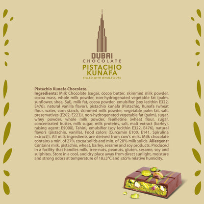 Chocodate Dubai Chocolate Pistachio Kunafa Filled with Whole Nuts 130gm Bar