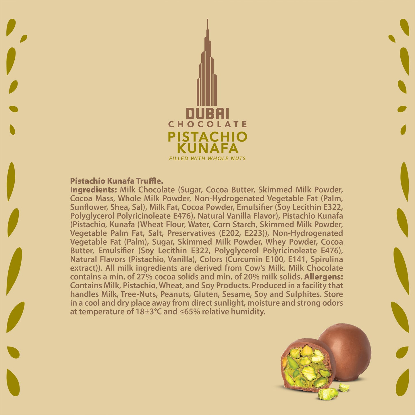Chocodate Dubai Chocolate Pistachio Kunafa Filled with Whole Nuts 65gm Truffle