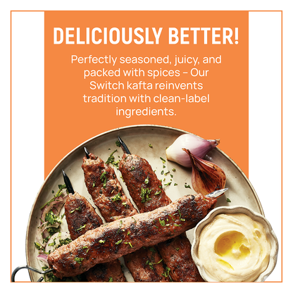 Switch Vegan Kafta 240g, 100% Plant-Based, GMO-Free, Cholesterol-Free, Soy-Free, Gluten-Free Halal (4 Skewers) (Frozen)