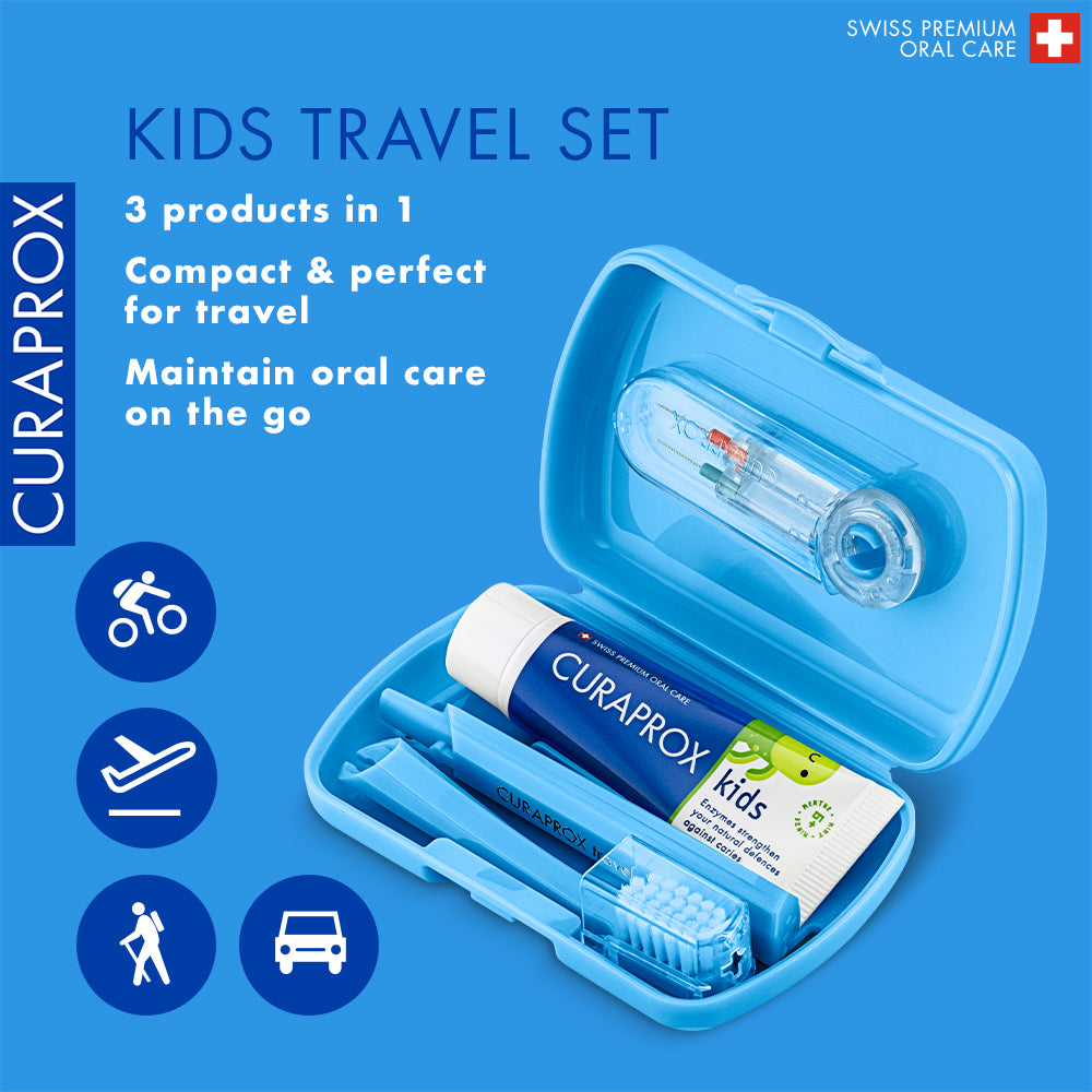 Curaprox Travel Set Kids blue, travel toothbrush, interdental brush, toothpaste 10ml, travel box