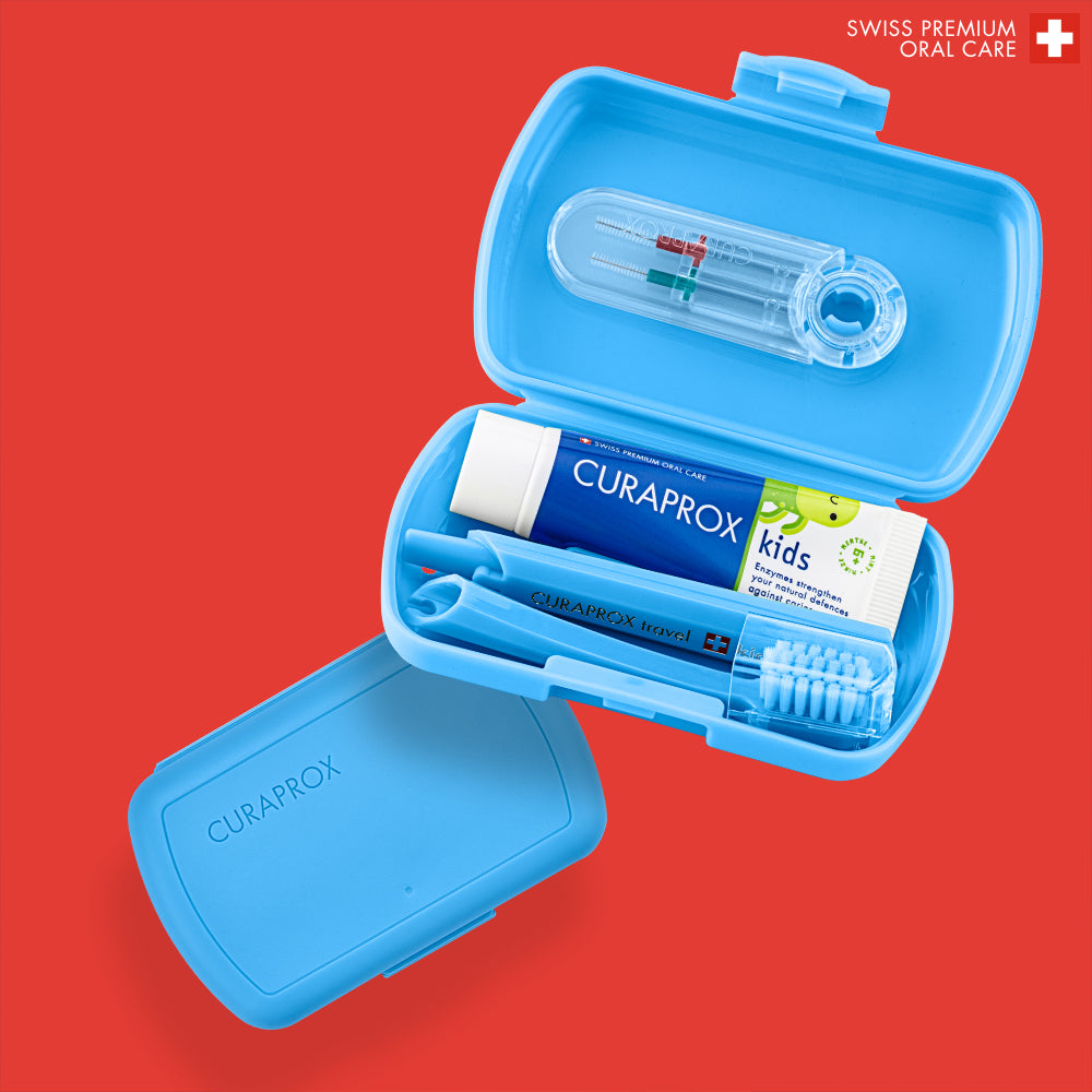 Curaprox Travel Set Kids blue, travel toothbrush, interdental brush, toothpaste 10ml, travel box